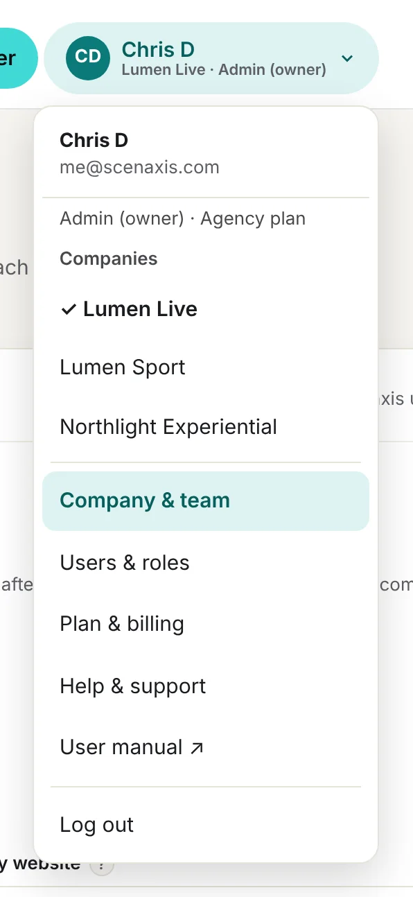 The account menu with a list of companies to switch between.