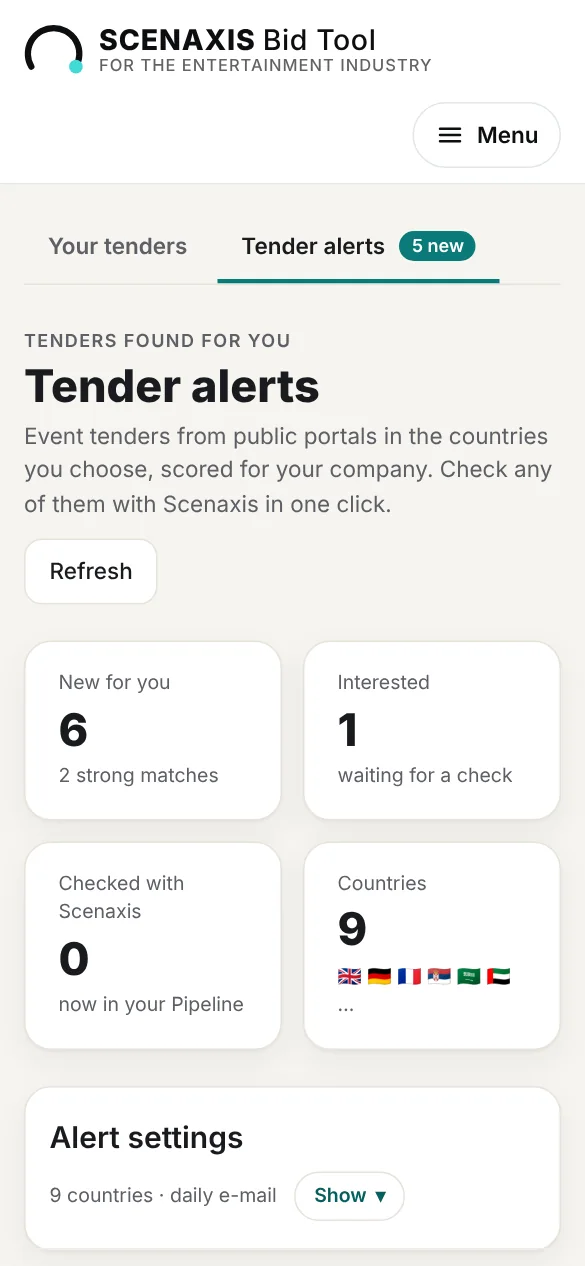Tender alerts: a Saudi National Day tender forwarded from Etimad and translated from Arabic, a Cologne festival from TED and a Serbian EXPO 2027 tender, each with a fit score, deadline and a Check this tender button.