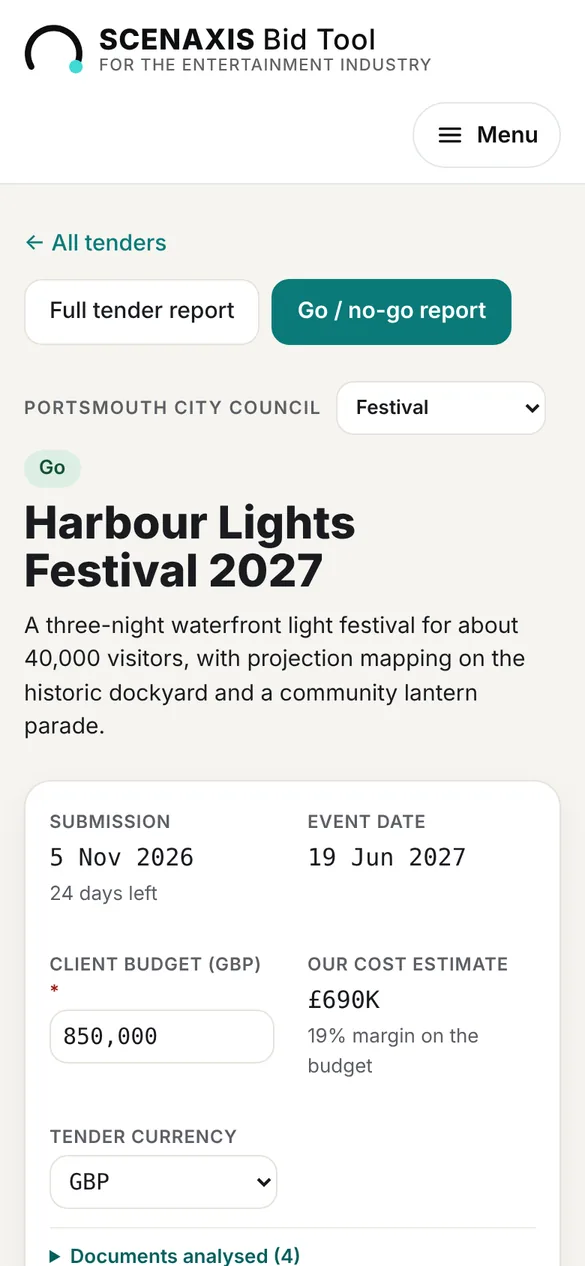 A tender page on a phone: Harbour Lights Festival 2027 with submission date, event date and client budget.