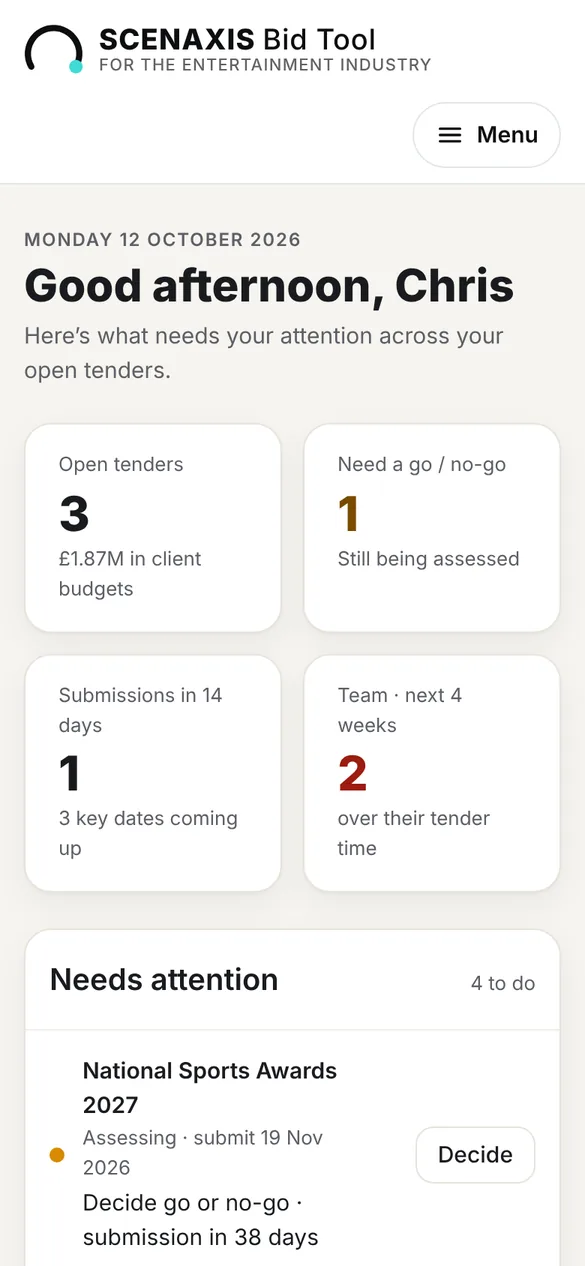 The Today page on a phone: open tenders, decisions needed and submissions due.
